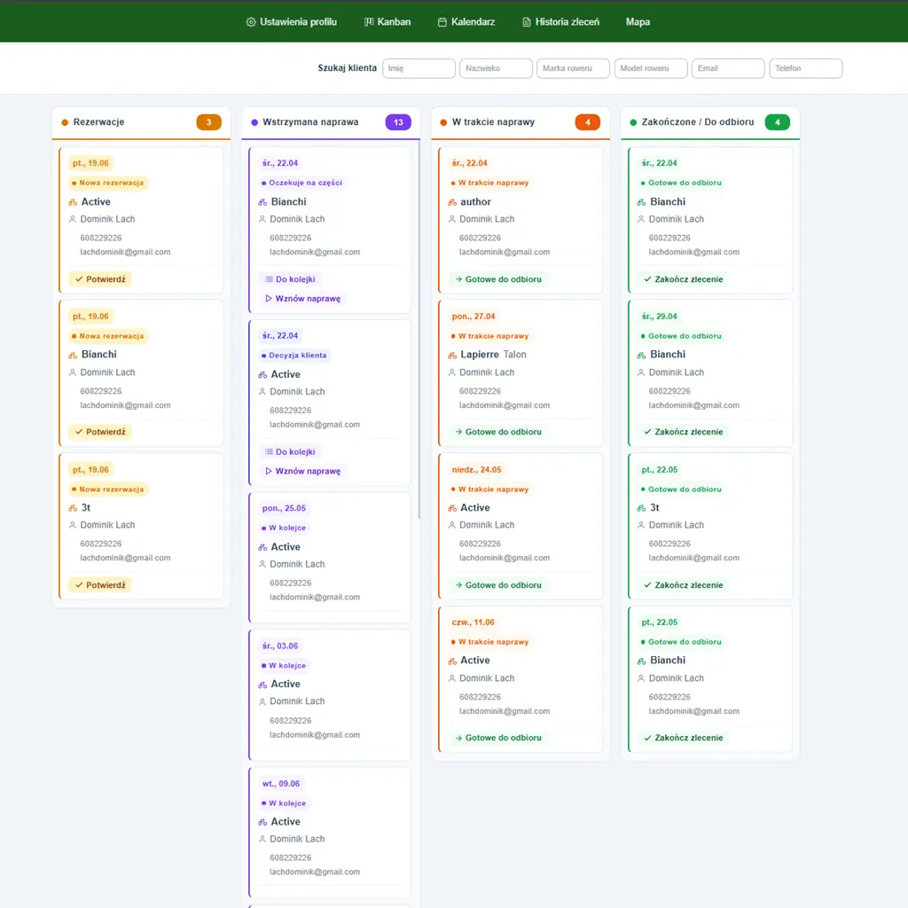 Panel Kanban CycloPick – zarządzanie zleceniami serwisowymi w widoku tablicy